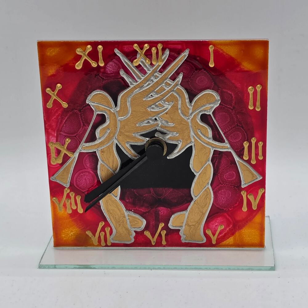 Hand Painted Glass Desk Clock Golden Trumpeting Angels Colorful Red Square Art